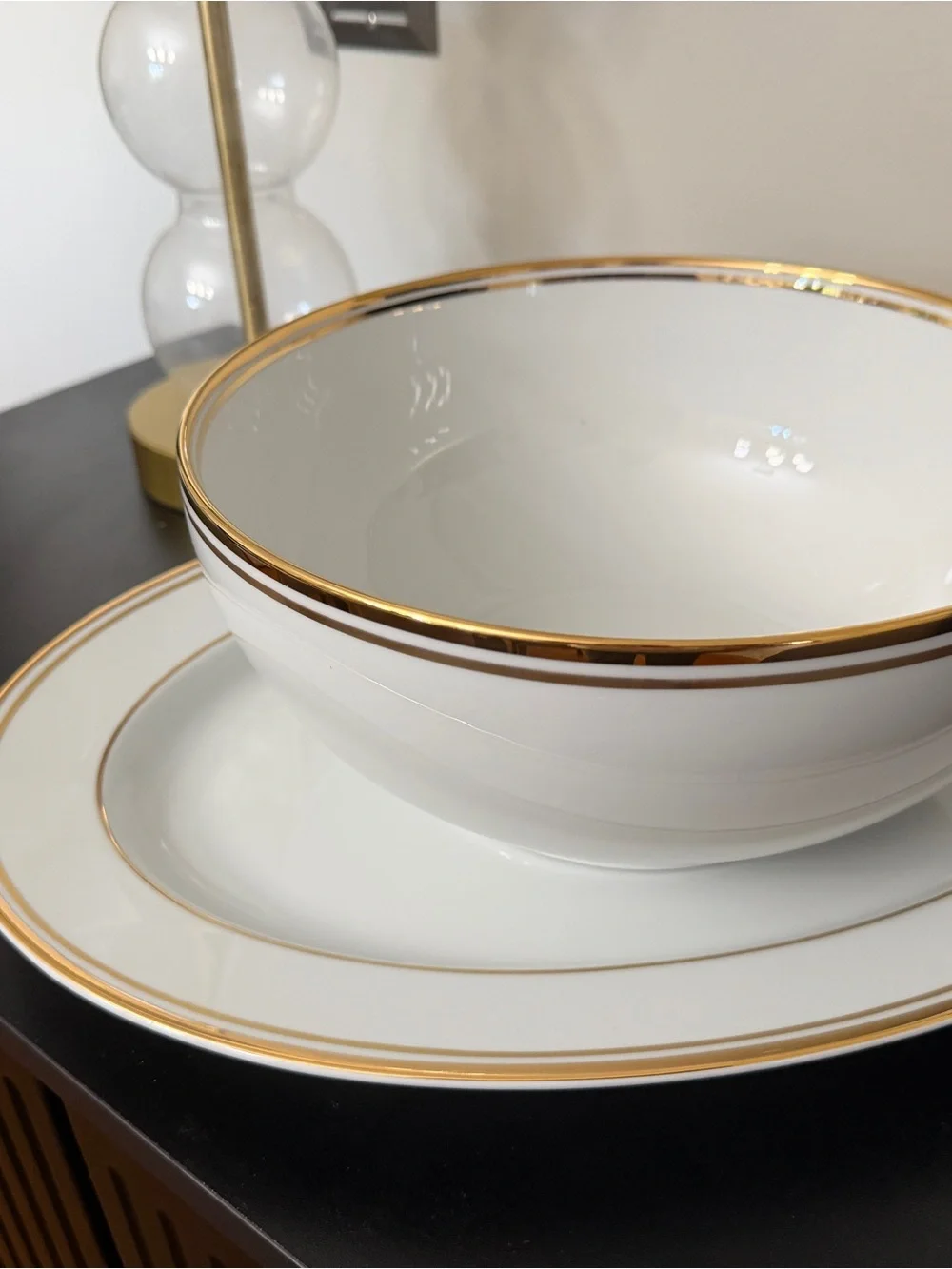 Ralph Lauren Wilshire White Porcelain Bowl and Serving Platter with Gold Trim